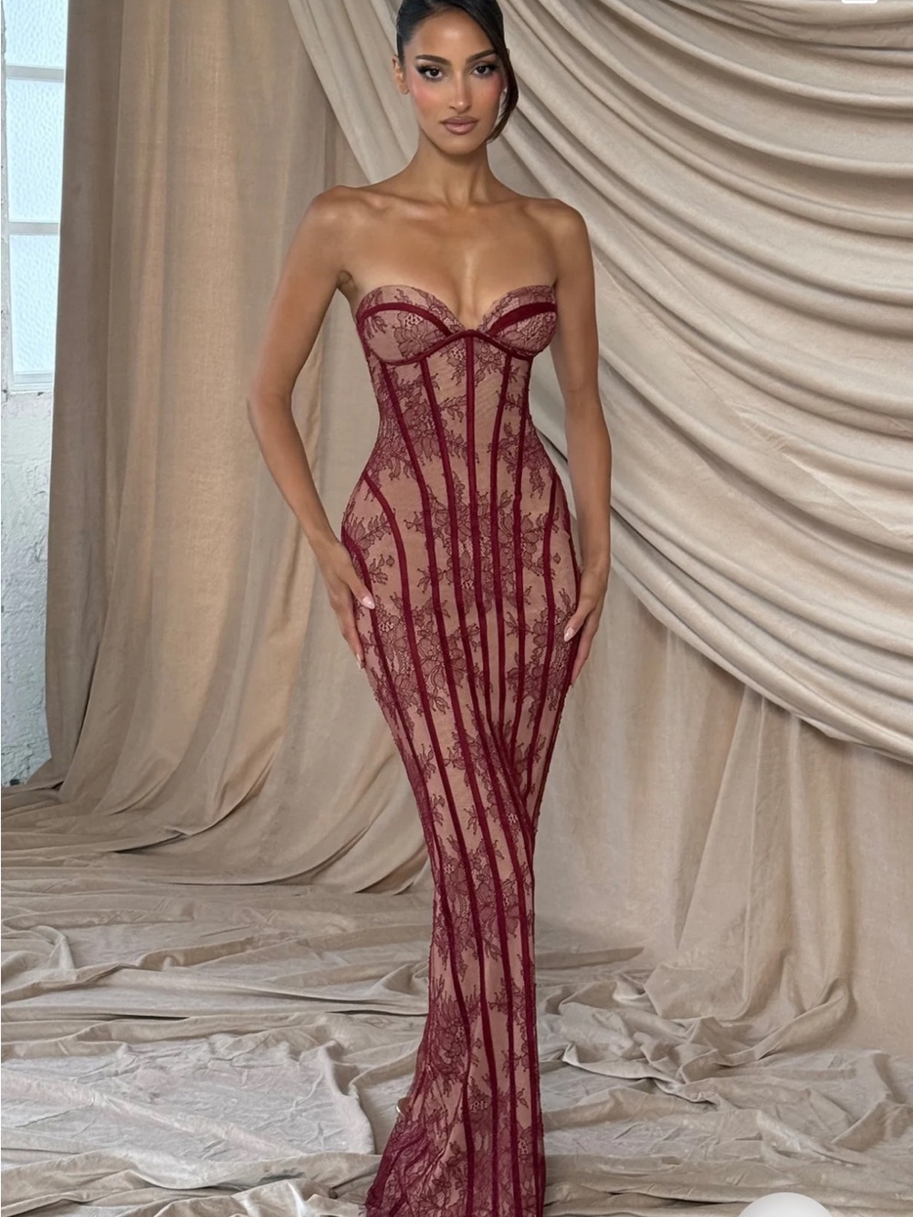Strapless Burgundy Lace Mermaid Gown